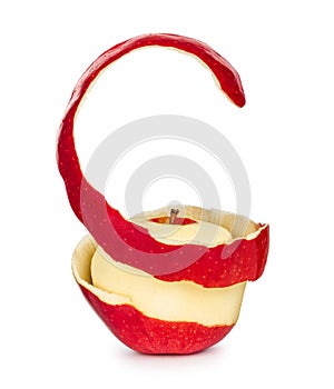 Red apple with the peel in a spiral pattern