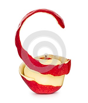 Red apple with the peel in a spiral pattern photo