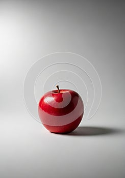 Red apple on a plain white background. The apple is round and glossy, reflecting light,