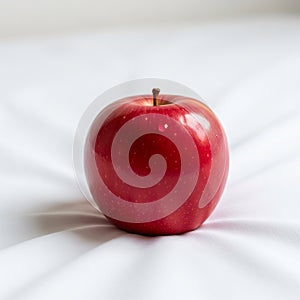 Red apple resting on a soft white fabric casting a subtle shadow