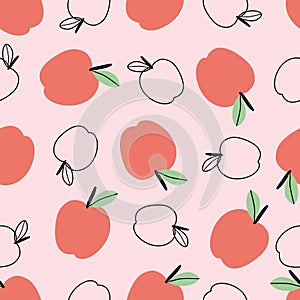 Red apple seamless pattern hand drawn design fruit background in cartoon style