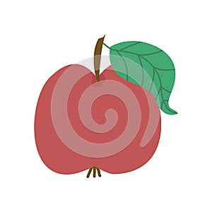 Red apple simple hand drawn vector illustration. Cartoon simple fruit with a leaf on the hat. Element for design