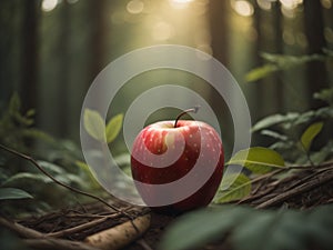 A red apple sits in the middle of a forest