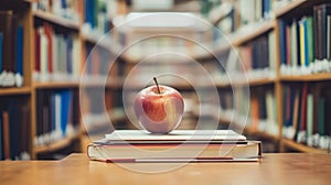 a red apple sitting on top of a stack of books