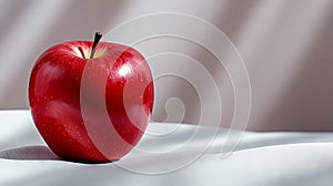 A red apple sitting on top of a white table