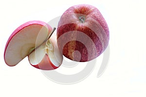 Red apple and slices fruits or vegetables with copy space isolated white background closeup.