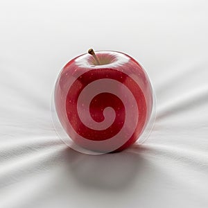 Red apple with a smooth, glossy surface sits on a white textured fabric