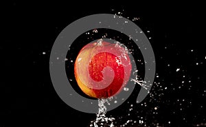 Red apple with splashing water drops