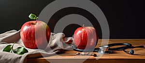 Red apple and stethoscope Closeup on table.