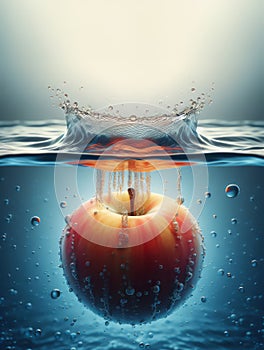 red apple submerged in water, big splash of water with drops and bubles at the surface