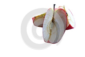 Red apple two slices fruits or vegetables with copy space isolated white background closeup.