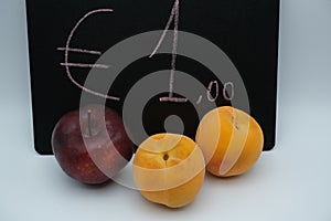 A red apple with two yellow peaches with a black chalkboard with writing, one euro. Fruit and vegetable sale concept