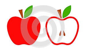 Red apple vector icon. Whole and half apples. Flat vector illustration.