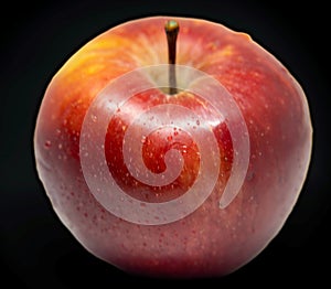 Red apple with water drops close up on dark background