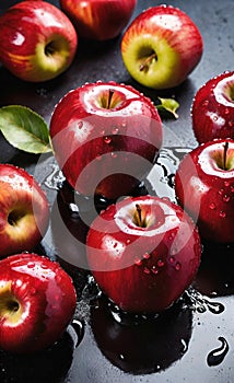 Red apple with water drops on a floor ai genareted photo