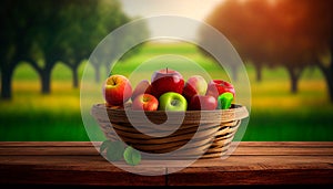 Red apple in wicker basket on wooden table on nature tree garden blurred background