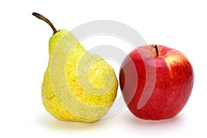 Red apple and yellow-green pear