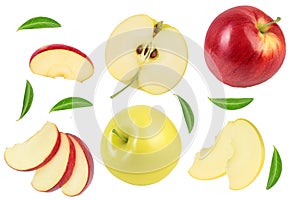 Red apple and yellow with slices isolated on white background. Top view. Flat lay. Set or collection