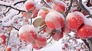 Red apples on an apple-tree covered with snow