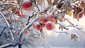 Red apples on an apple-tree covered with snow