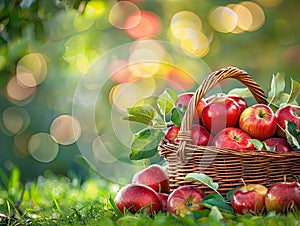 Red Apples in Basket, Rich Apples Harvest Banner, Ripe Fruits in Garden on Grass under Apple Tree