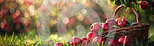 Red Apples in Basket, Rich Apples Harvest Banner, Ripe Fruits in Garden on Grass under Apple Tree