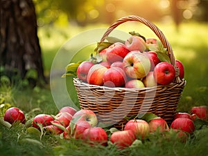 Red Apples in Basket, Rich Apples Harvest Banner, Ripe Fruits in Garden on Grass under Apple Tree