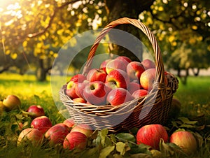 Red Apples in Basket, Rich Apples Harvest Banner, Ripe Fruits in Garden on Grass under Apple Tree