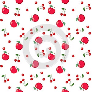 Red apples and cherries on white background - seamless vector pattern