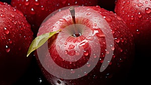 Red apples close-up. Fresh red apples on a black texture background. Apple with droplets of water. Healthy food for vegetarians.