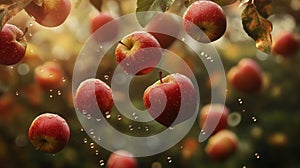 Red Apples Falling in Orchard Sunlight