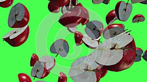 Red apples fruits 3D, tow video transitions isolated on a green screen, footage 4K