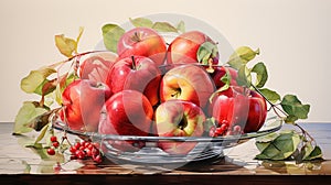 Red apples on a glass plate on white background. Fruit still life illustration. Ai generated