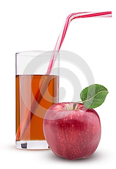 Red apples with green leaf. Glass of fresh apple juice straw pink striped