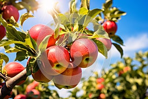 Red apples growing on tree with blue sky and sun in background