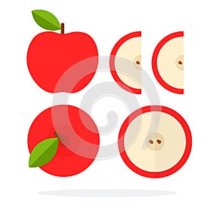 Red apples with a leaf. Round apple slice with two wedges of a red apple flat isolated