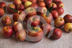 Red apples with leaves on a gray background