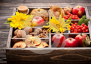 Red apples, nuts, flowers, sunflowers, dried apples.