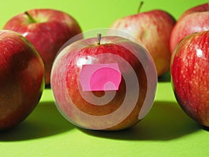 Red apples with a price tag. Fruit harvest