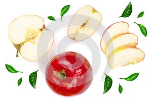 Red apples with slices decorated with green leaves isolated on white background top view. Flat lay pattern