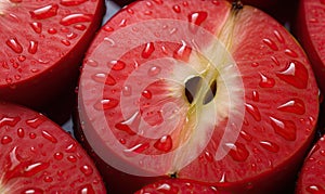 red apples slices. Macro capture of a crisp apple slice water droplets. Nature's freshness. Created by AI tools