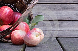 Red Apples Spilled From a Basket on a Wooden Background
