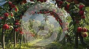 Red apples on trees in orchard in summer. Generative AI