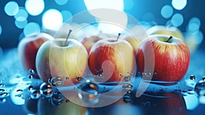 Red apples with water drops on a blurred bokeh background. 3D AI generated image.