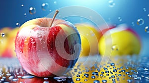 Red apples with water drops on a blurred bokeh background. 3D AI generated image.