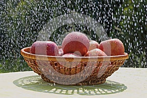 Red apples are in the water stream in basket