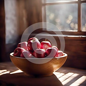 Red Apples In Wooden Bowl In Sunlight photo