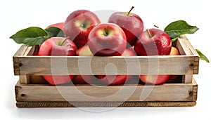 Red apples in wooden crate isolated