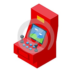 Red arcade game machine displaying gaming interface