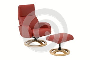 Red armchair with leg rest.